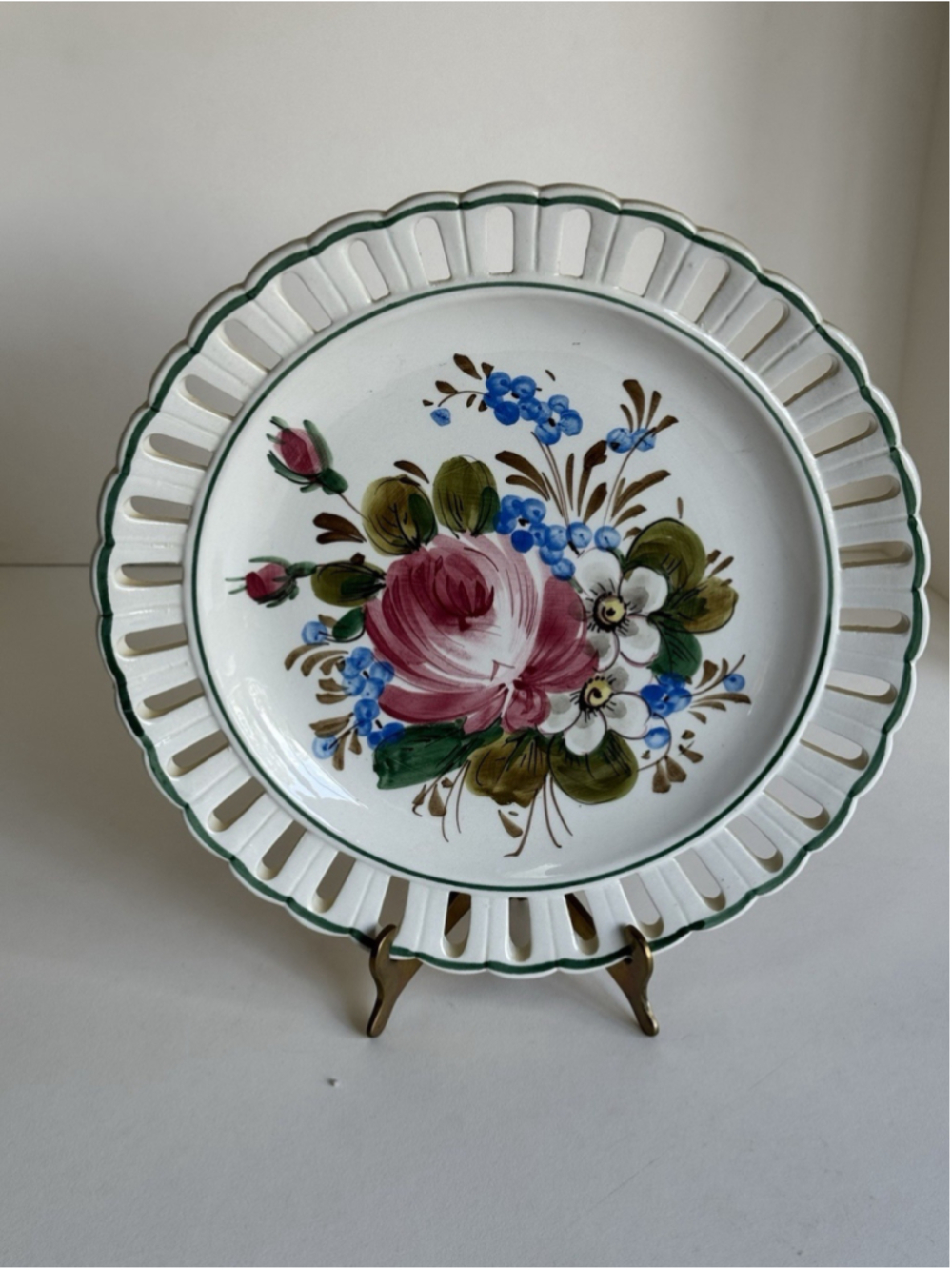 Vintage Nora Fenton Italy Hand Painted Floral Plate Open Lattice Rim